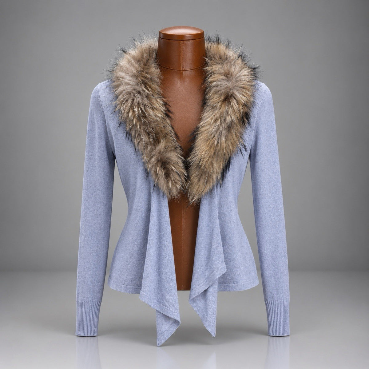 BEBE Y2K Luxury Italy Collection Cardigan Real Fox Fur Collar Blue M (org $660)