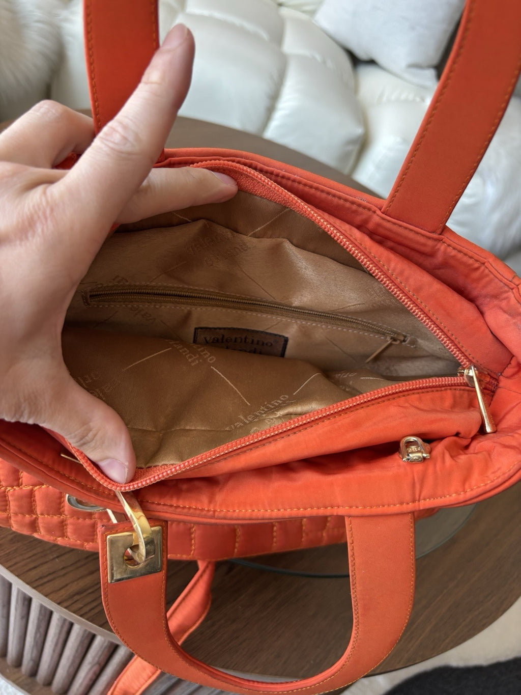 VALENTINO “Orlandi” Orange Quilted Nylon Handbag Gold Charm Italy (org $595.00)