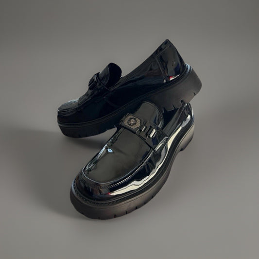 NEW Designer MEDUSA LOGO Black Patent Finish Dress Shoes Men Size 9.5 (org $685)