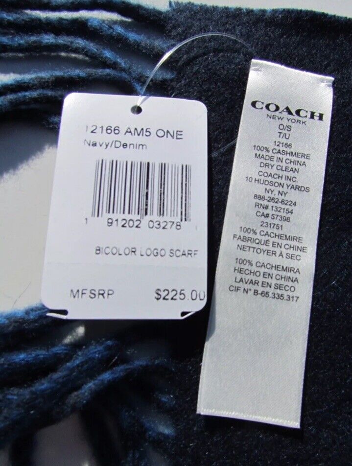 Designer COACH scarf 100% cashmere blue $225 warm 72” X 16” navy/denim 12166
