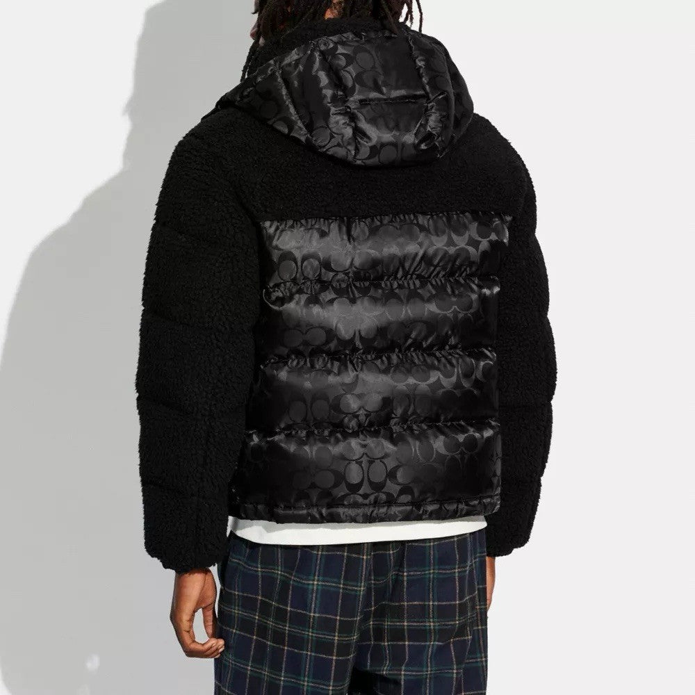 New COACH Runway Sherpa Puffer Coat Jacket Zip Signature Print Blk Size M ($895)