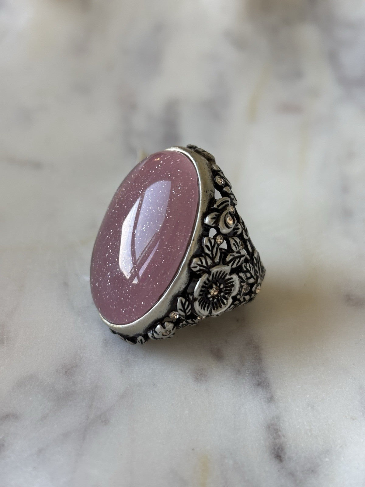 COACH Tea Rose Cabochon Swarovski Crystal Pink/Silver Statement Ring 7(org $145)