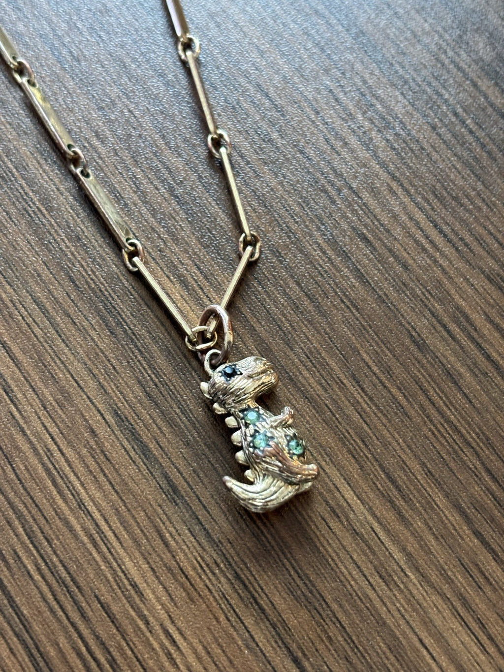 COACH Rare Rexy Dinosaur Pendant Necklace Gold Tone Crystal Bar Chain (org $150)