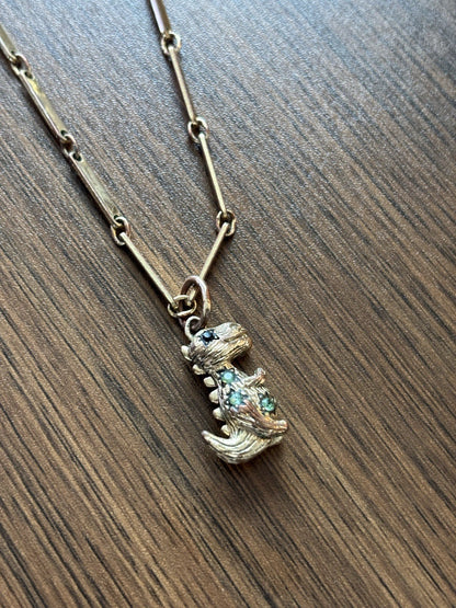 COACH Rare Rexy Dinosaur Pendant Necklace Gold Tone Crystal Bar Chain (org $150)
