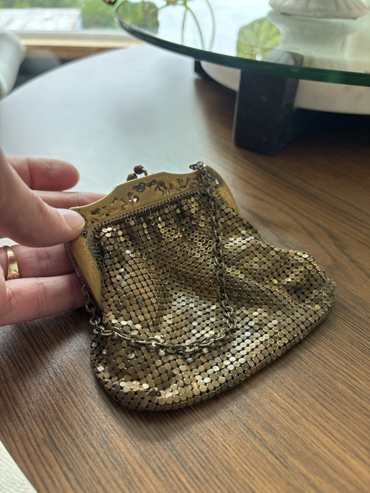 1940 VINTAGE Whiting & Davis Gold Mesh Evening Bag Purse Art Deco KissLock Clasp