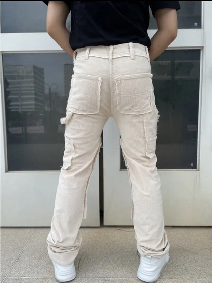 NWT REASON Mens Beige Distressed Pocket Premium Denim Straight Fit Jeans Size 30