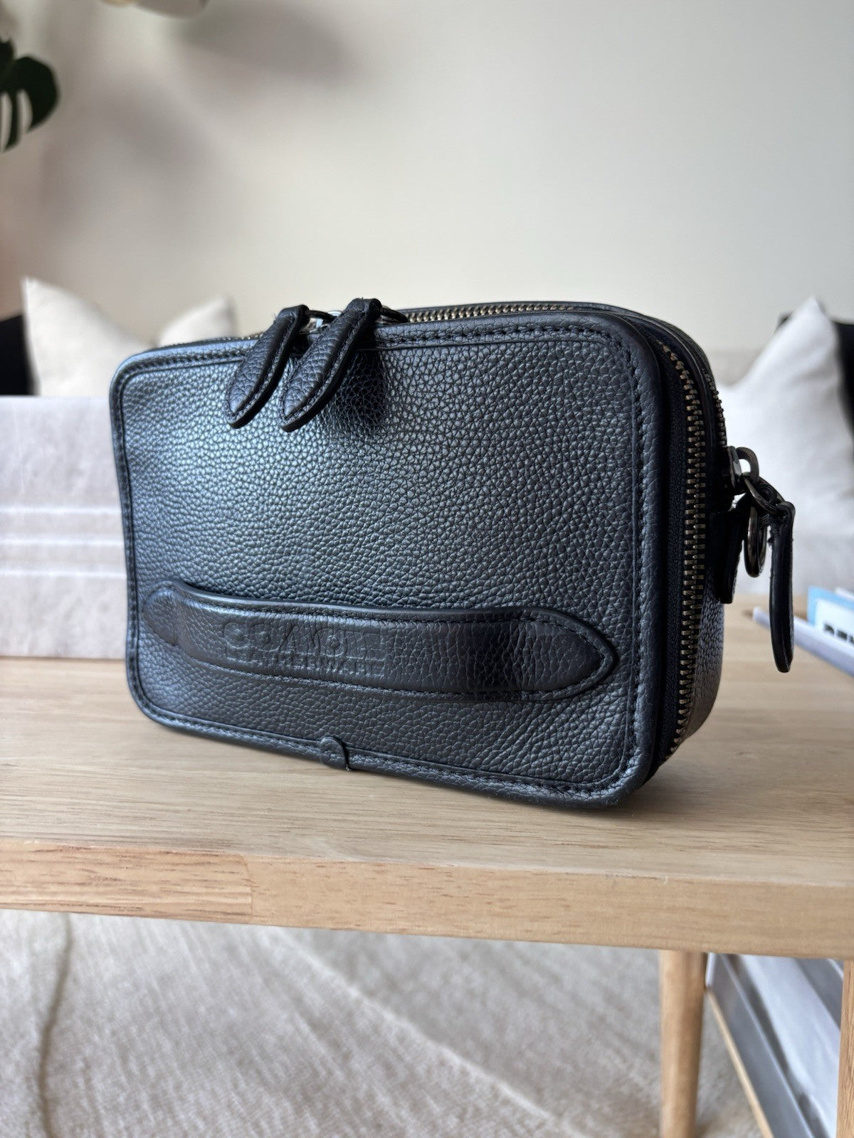 COACH Charter Crossbody Bag Black Polished Pebble Leather Gunmetal Double Zip