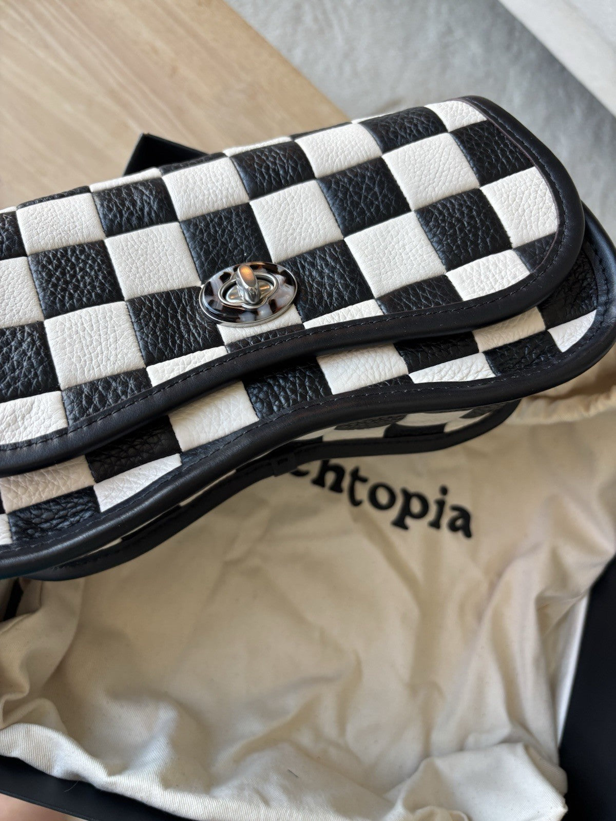 COACH Coachtopia Wavy Dinky Crossbody Bag Black/white Checkerboard Check Leather