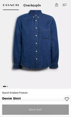 COACH Designer Blue Jean Denim Long Sleeve Cotton Button Up Size Men L(org $250)