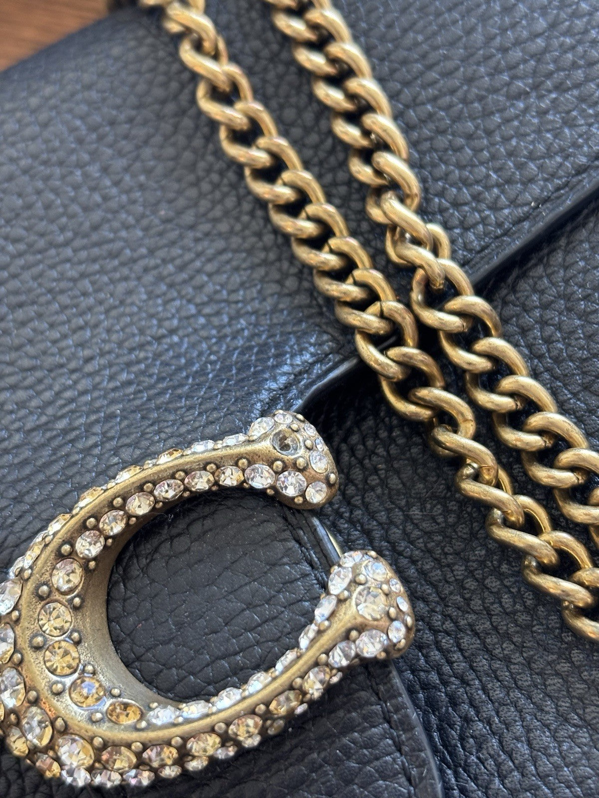 COACH Tabby Chain Clutch Pave Stones C Buckle Black Pebbled Leather (org $395)