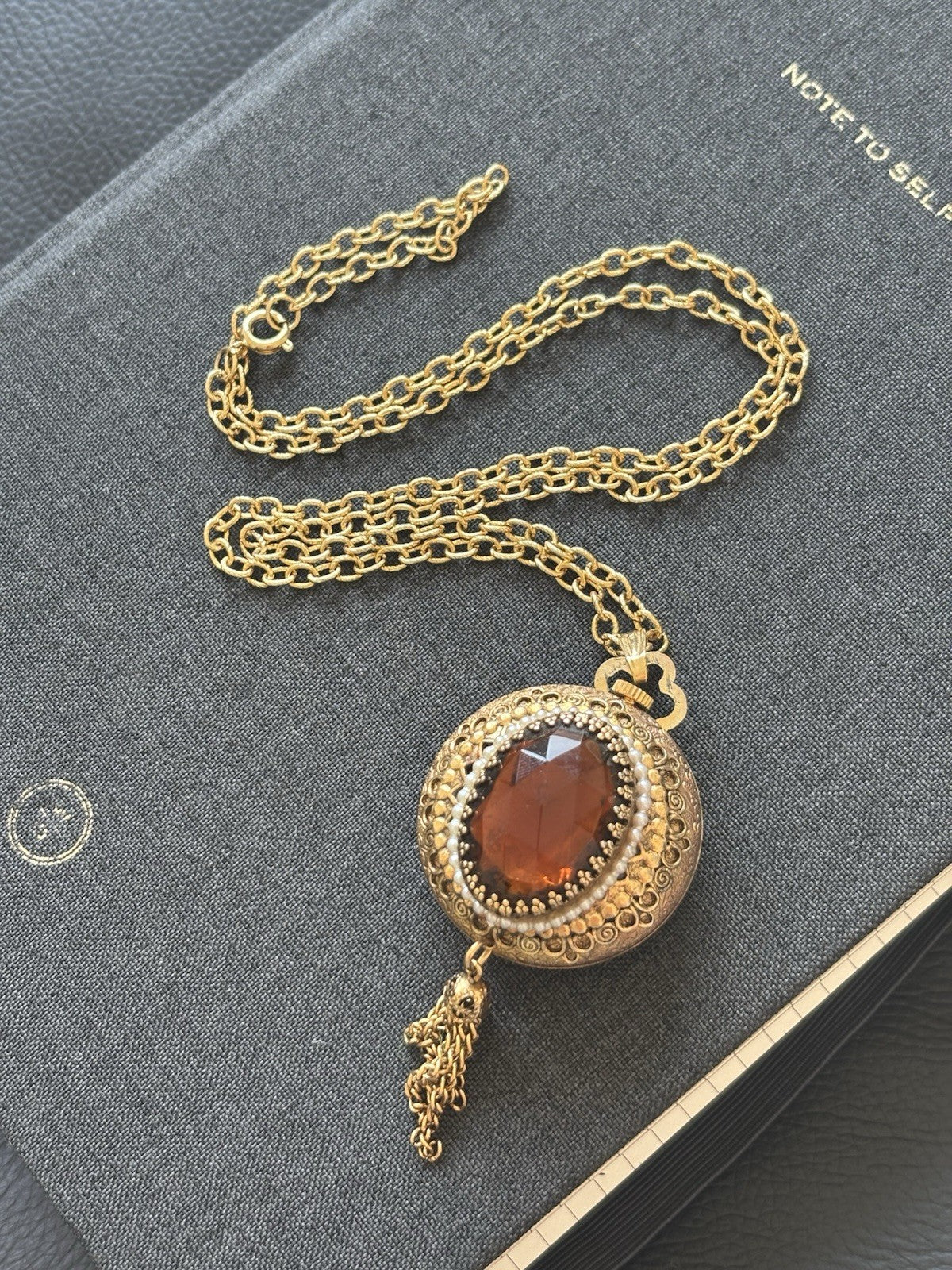 Vintage 1972 AVON Pendant Swiss Movement Watch Necklace Amber Stone Gold Tassel