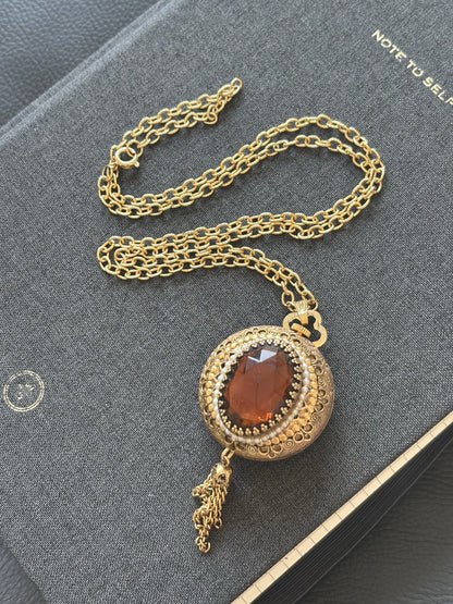 Vintage 1972 AVON Pendant Swiss Movement Watch Necklace Amber Stone Gold Tassel