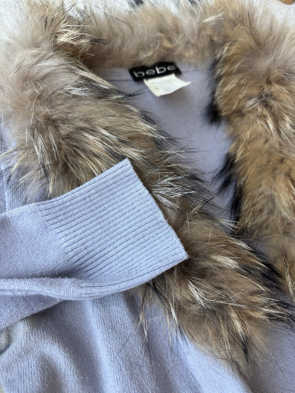 BEBE Y2K Luxury Italy Collection Cardigan Real Fox Fur Collar Blue M (org $660)