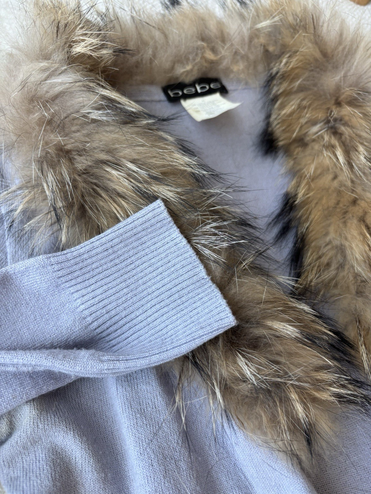 BEBE Y2K Luxury Italy Collection Cardigan Real Fox Fur Collar Blue M (org $660)