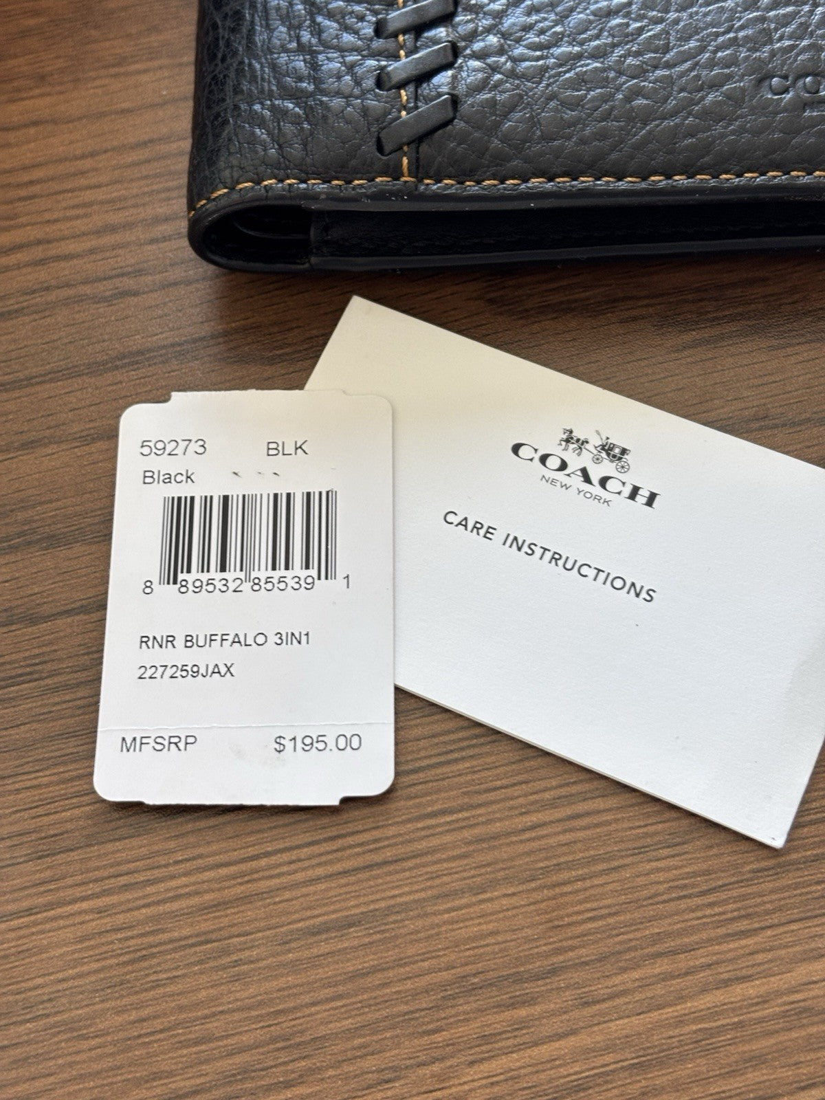 COACH Wallet Baseball 3 In 1 Whipstitch Black Calf Leather Billfold ID Window