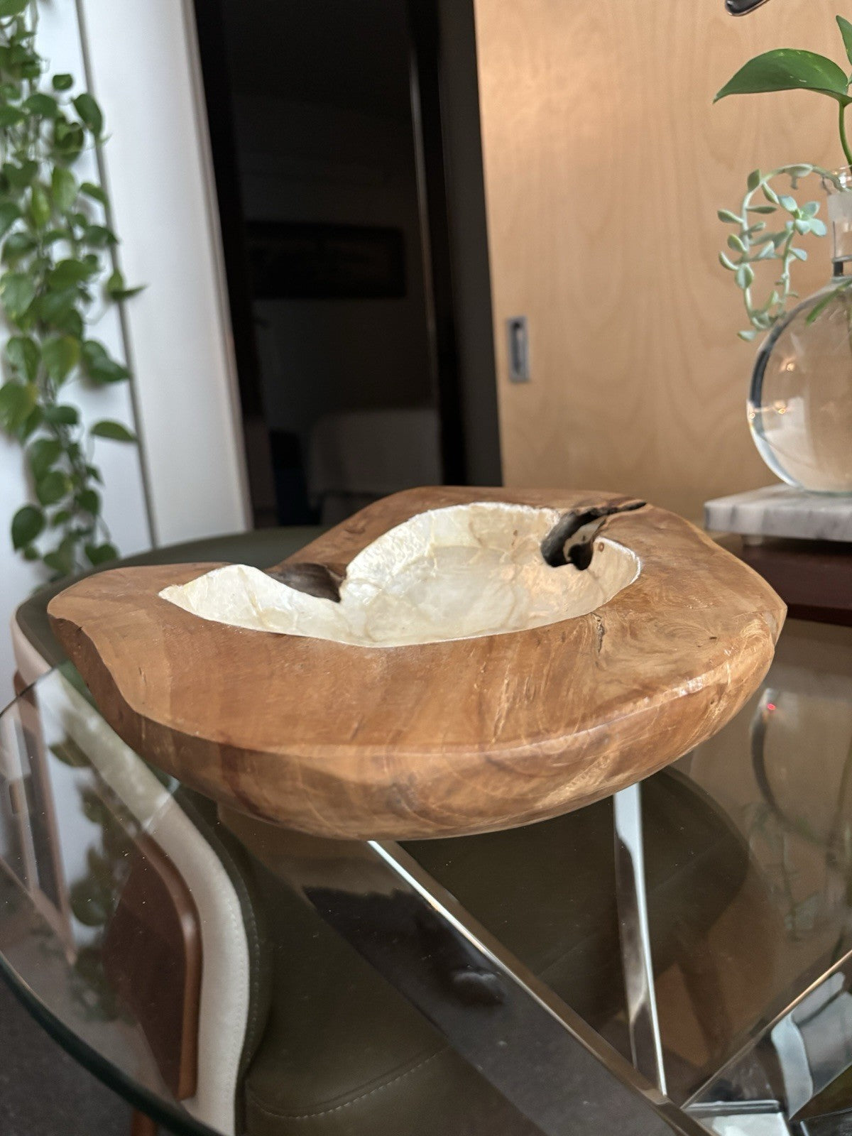 VINTAGE Live Edge Wood Bowl White Mother of Pearl Inlay Rustic Centerpiece 12x11