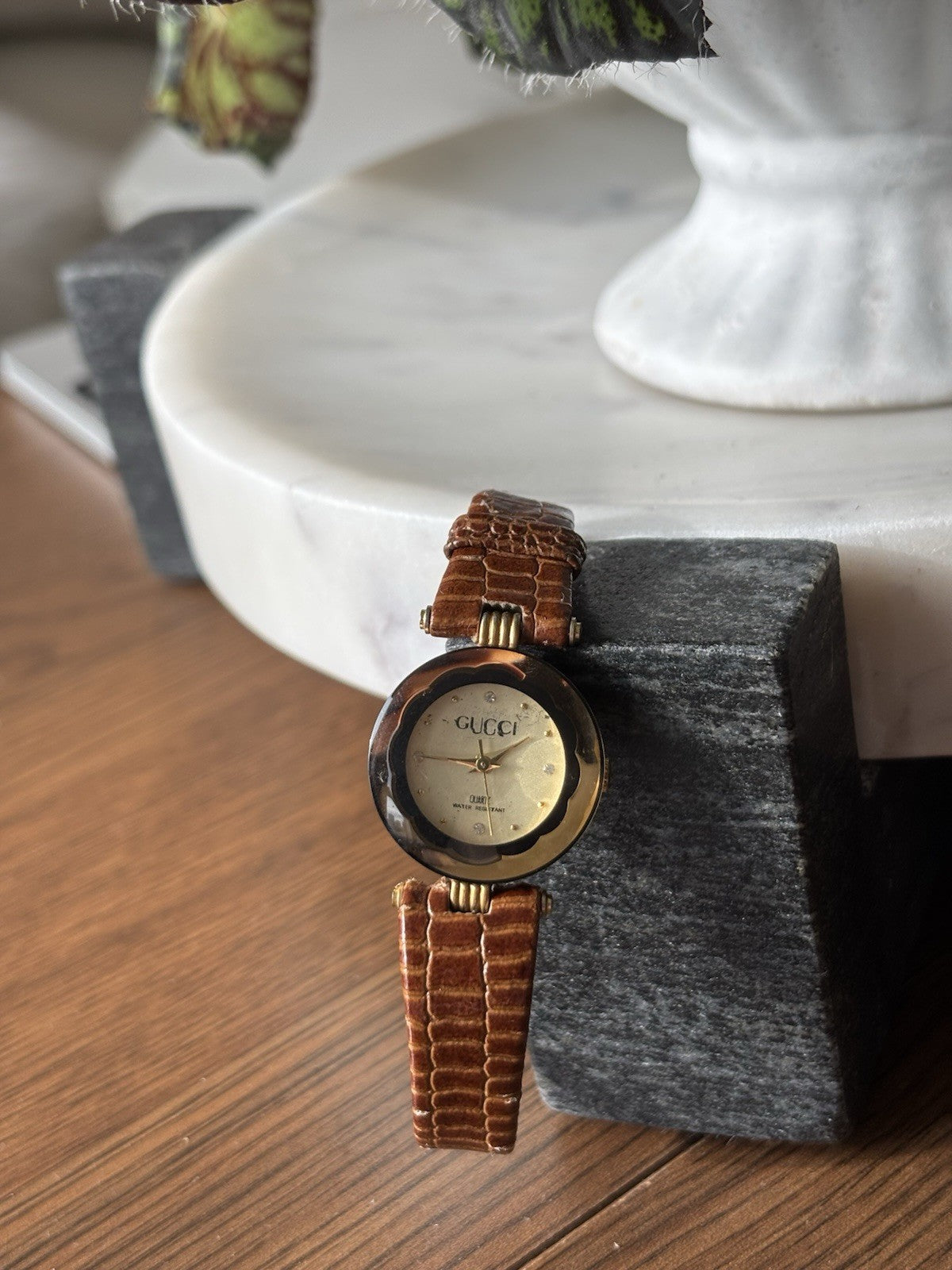 GUCCI 1986 Vintage Quartz GG Gold Brown Watch Leather Python Snake Adjust Band
