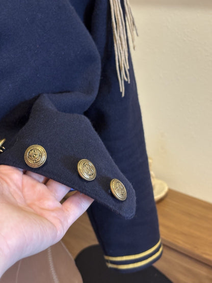 Double D Ranch VINTAGE Wool Jacket Military Beaded NavyBlue Varsity Stripe Small