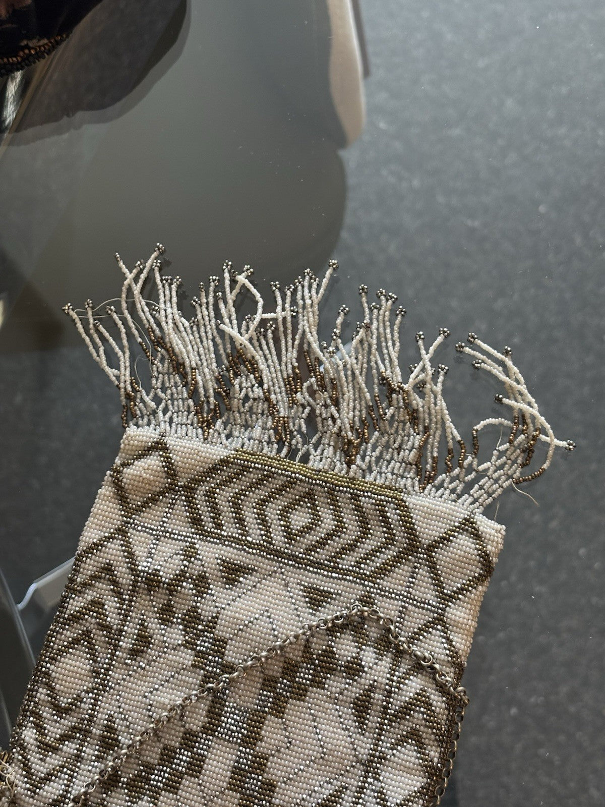 1920’s Antique French Steel Cut Beaded Fringe Evening Bag Art Deco Wristlet Rare