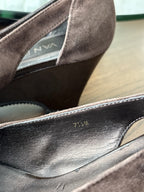 VANELI Brown Suede Leather Wedge Sandals Peep Toe Leather Heels Buckle Size 7.5M