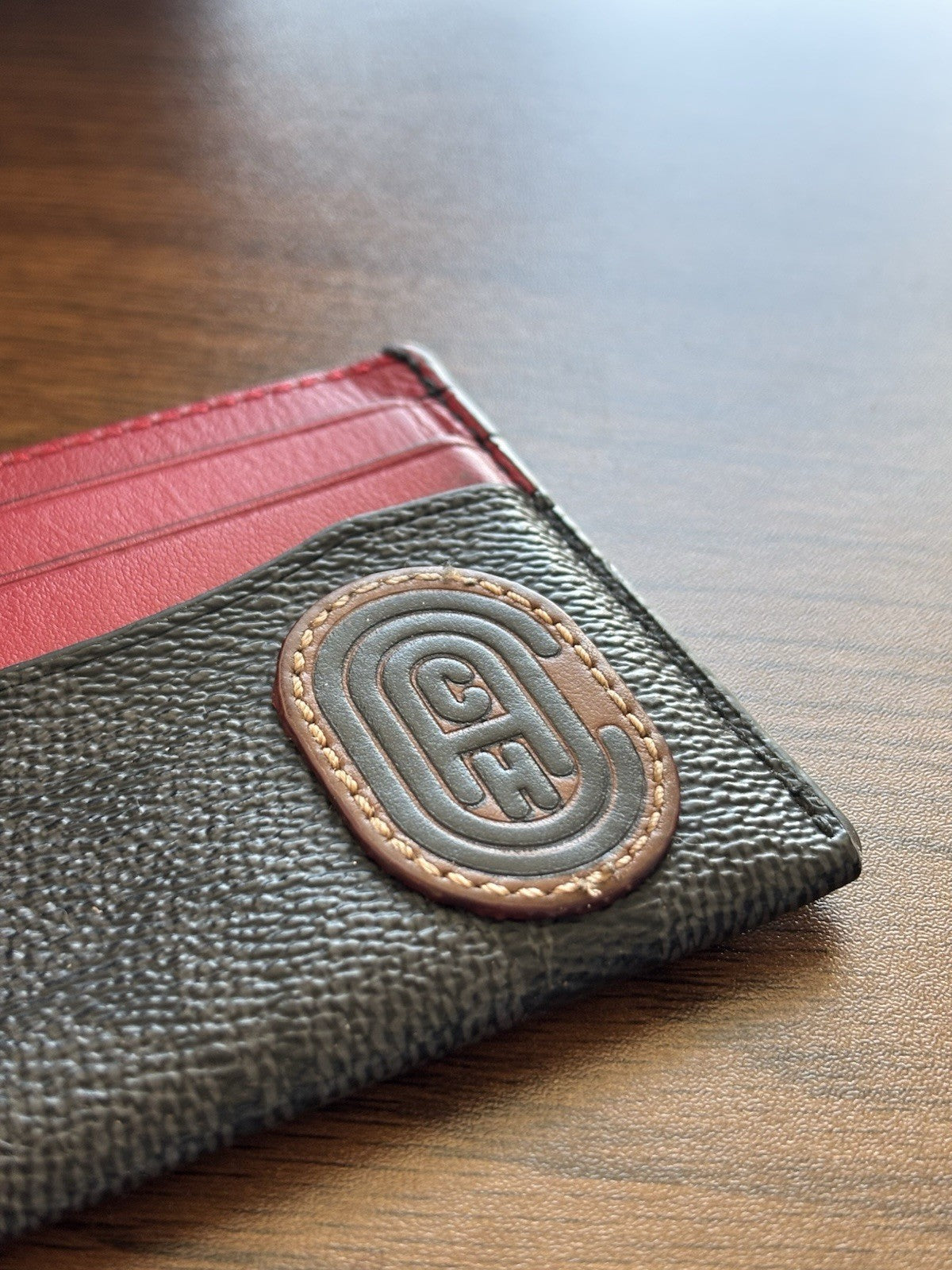 COACH ID Card Case Charcoal Red Signature Wallet Credit/Business Card Holder