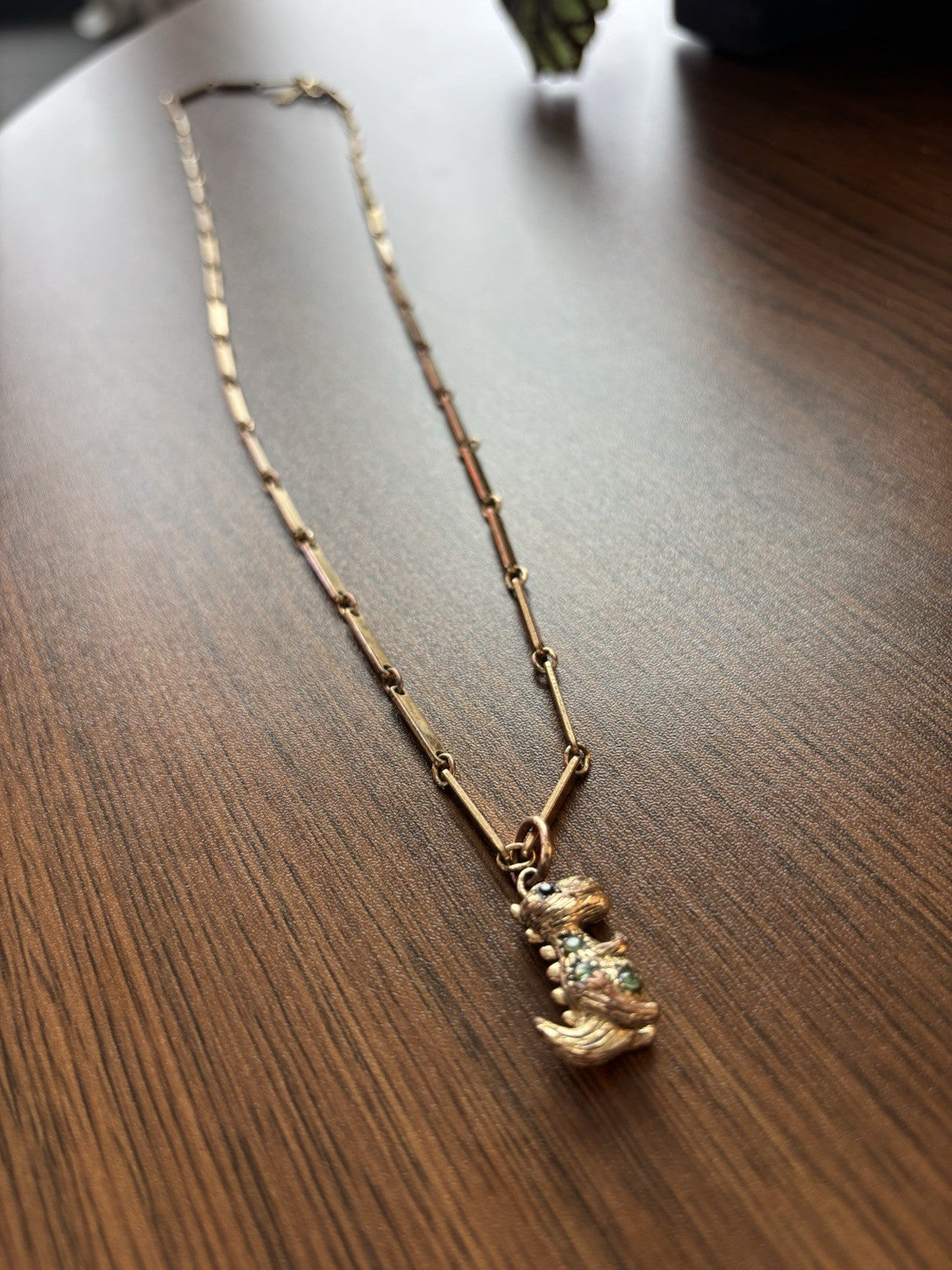COACH Rare Rexy Dinosaur Pendant Necklace Gold Tone Crystal Bar Chain (org $150)