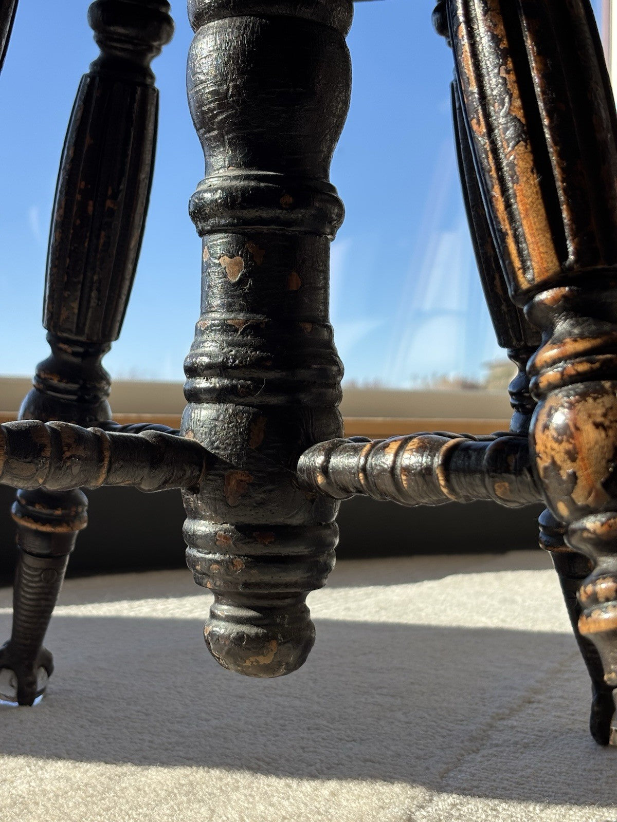 ANTIQUE 1879 Victorian Piano Stool Solid Dark Wood Swivel Glass Ball Claw Foot