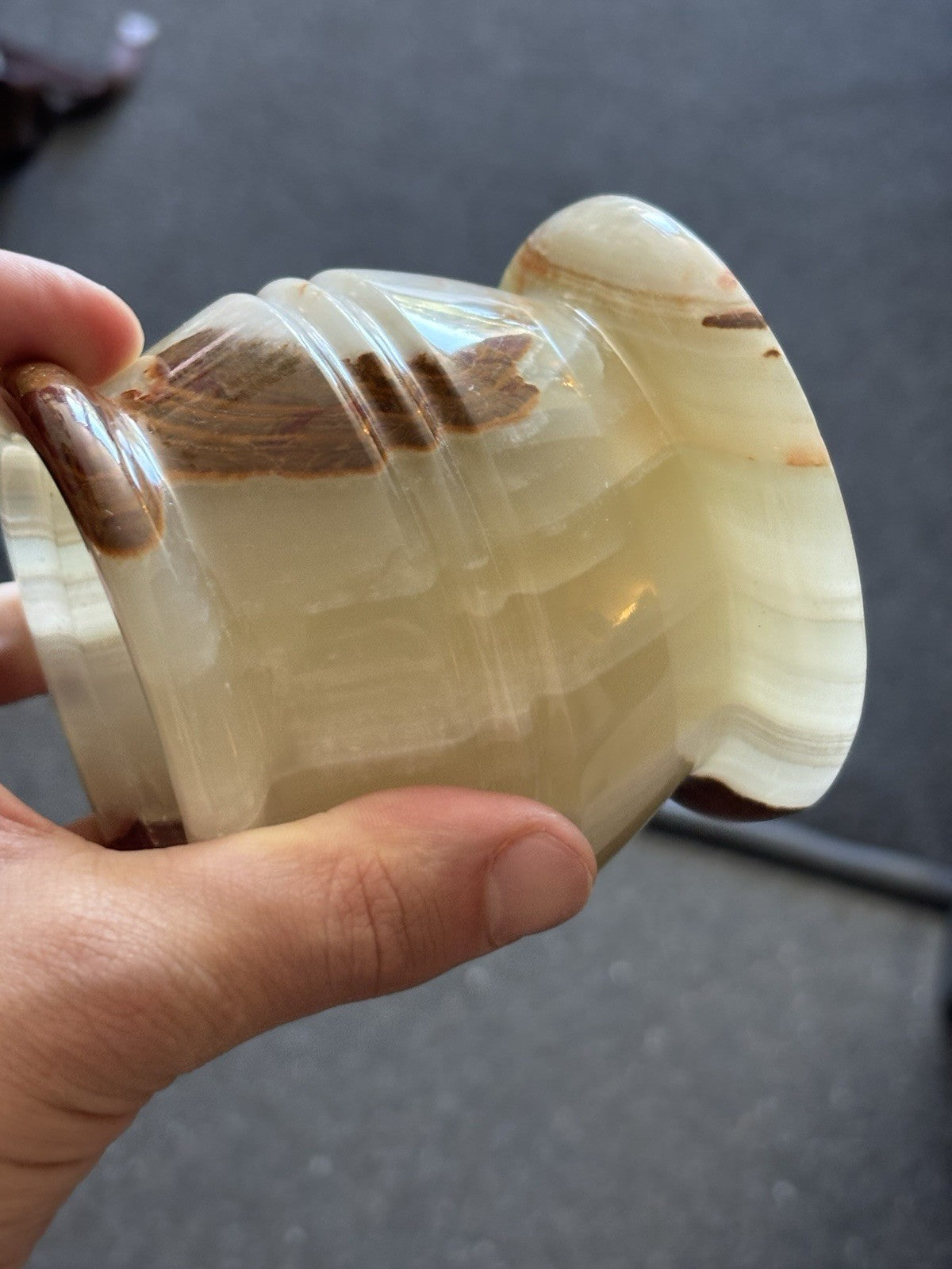 VINTAGE Banded Onyx Stone Candle Holder Green Brown White Natural Marble 3.5 in