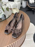VANELI Brown Suede Leather Wedge Sandals Peep Toe Leather Heels Buckle Size 7.5M