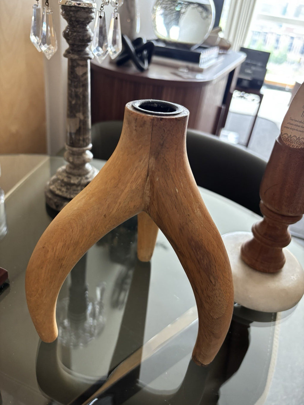 WEST ELM Carved Natural Light Wood Antler Candleholder Candle Stick 7.5” Tall
