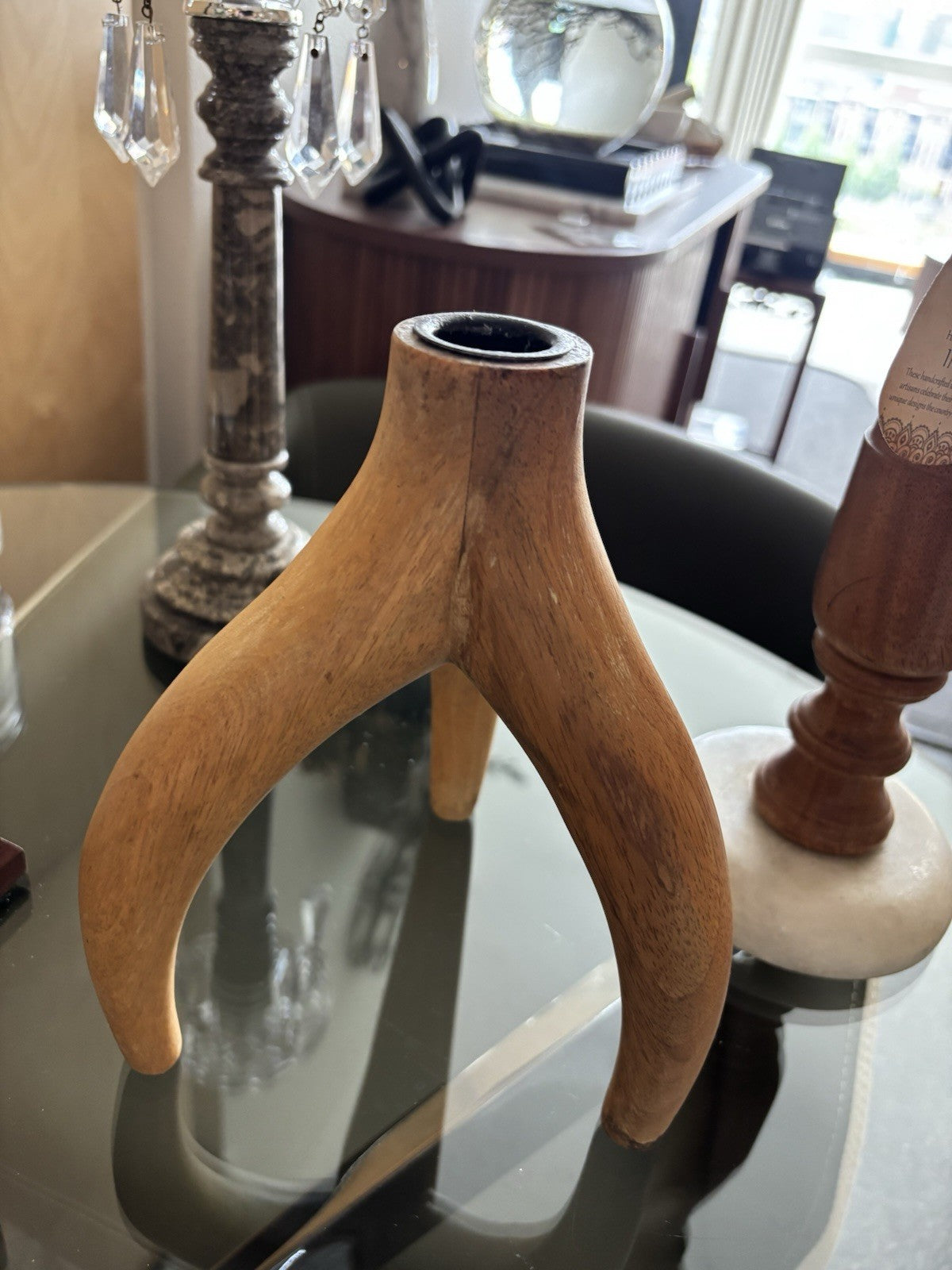 WEST ELM Carved Natural Light Wood Antler Candleholder Candle Stick 7.5” Tall