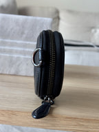 COACH Leather Round Coin Pouch Case Wallet Purse Zip Around Black Gunmetal Charm
