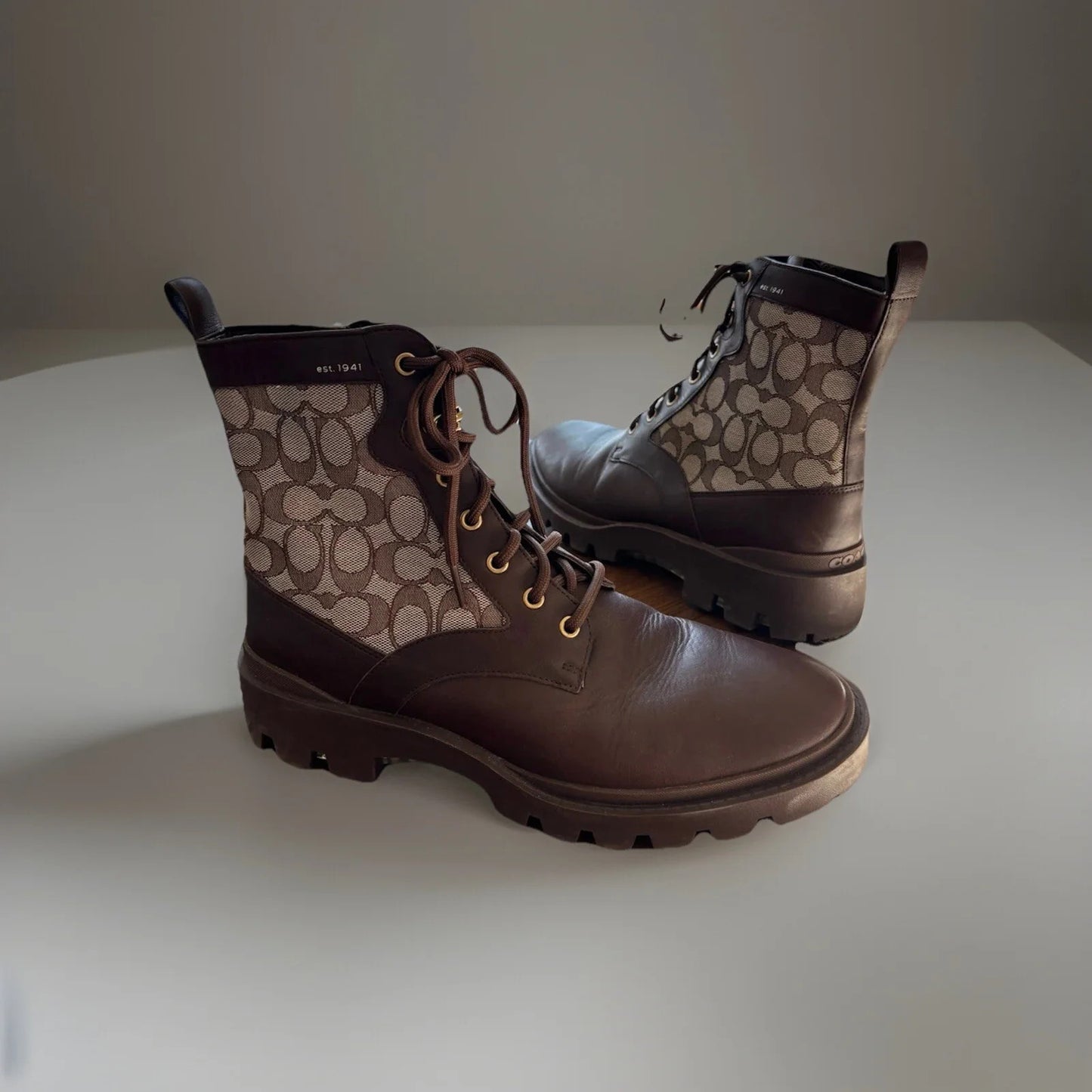 COACH Brand Citysole Combat Boot Leather Signature Oak Maple Size 10.5(org $350)
