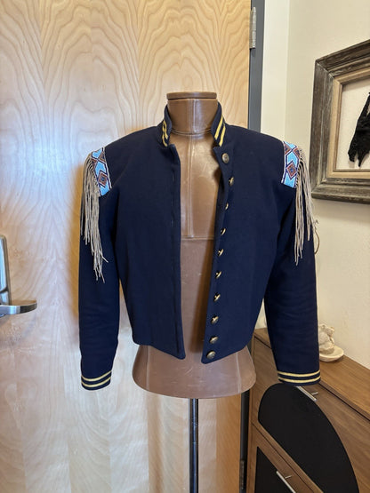 Double D Ranch VINTAGE Wool Jacket Military Beaded NavyBlue Varsity Stripe Small