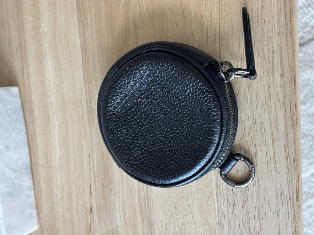 COACH Leather Round Coin Pouch Case Wallet Purse Zip Around Black Gunmetal Charm