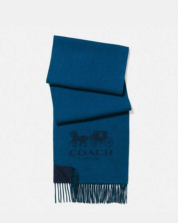 Designer COACH scarf 100% cashmere blue $225 warm 72” X 16” navy/denim 12166