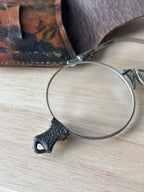 ANTIQUE 1900s Silver Pince Nez Eyeglasses Round C Bridge Spectacles Leather Case