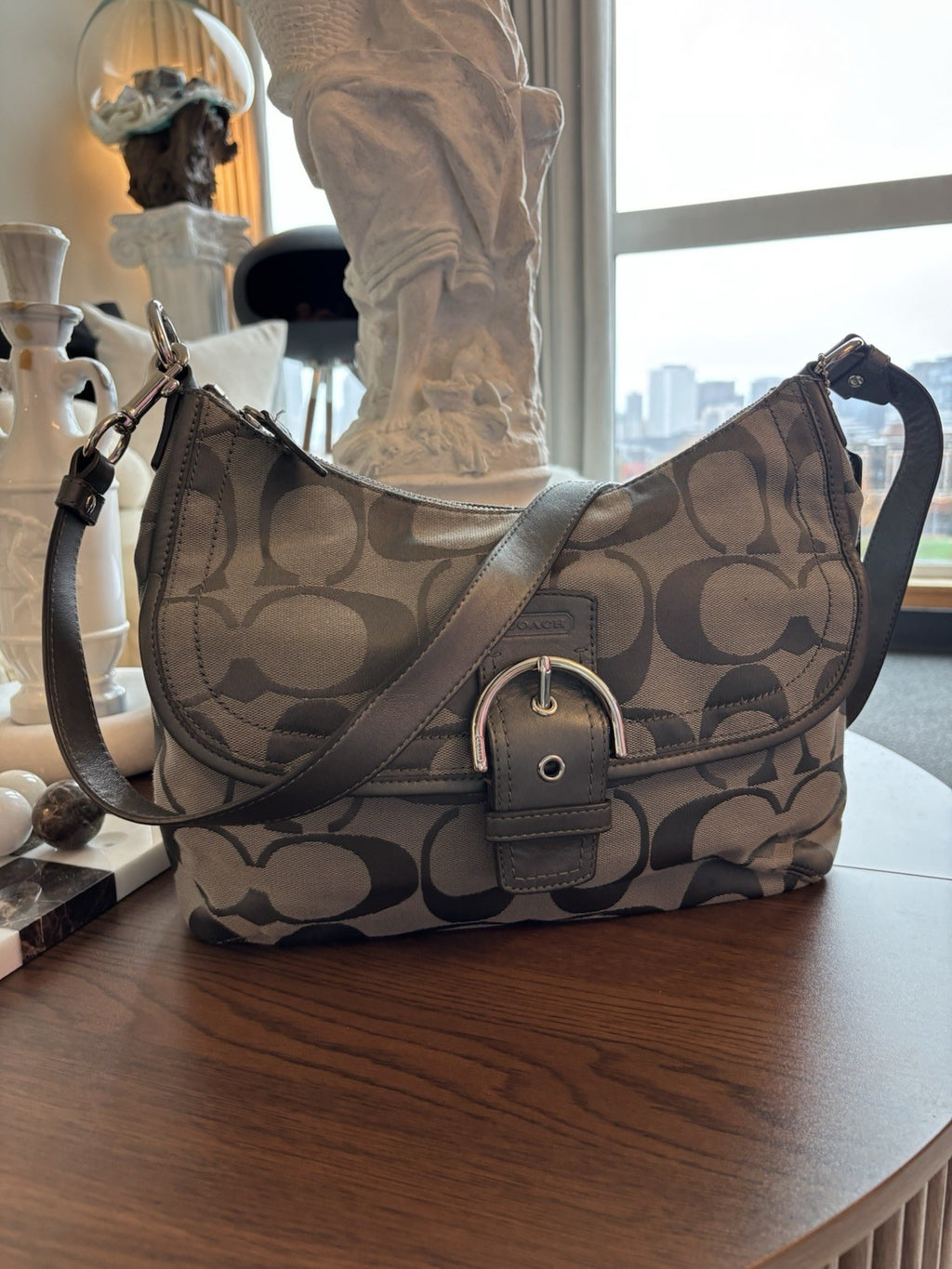 COACH Soho Hobo Shoulder/handbag Gray Metallic Leather/ Jaquard Canvas Signature