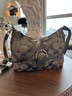 COACH Soho Hobo Shoulder/handbag Gray Metallic Leather/ Jaquard Canvas Signature