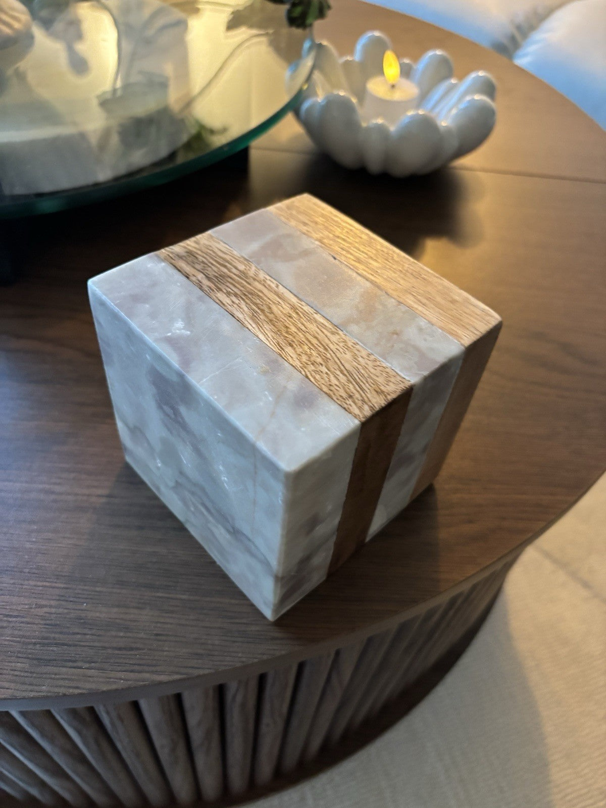 MARBLE Stone & Wood Geometric Paperweight 4” Gray White Brown Heavy Modern Decor
