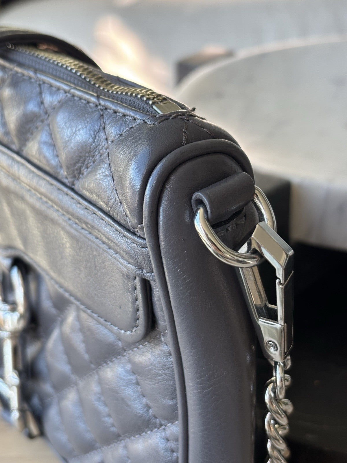 REBECCA MINKOFF Mini MAC Gray Quilted Leather Zip Crossbody Bag Chain (org $430)
