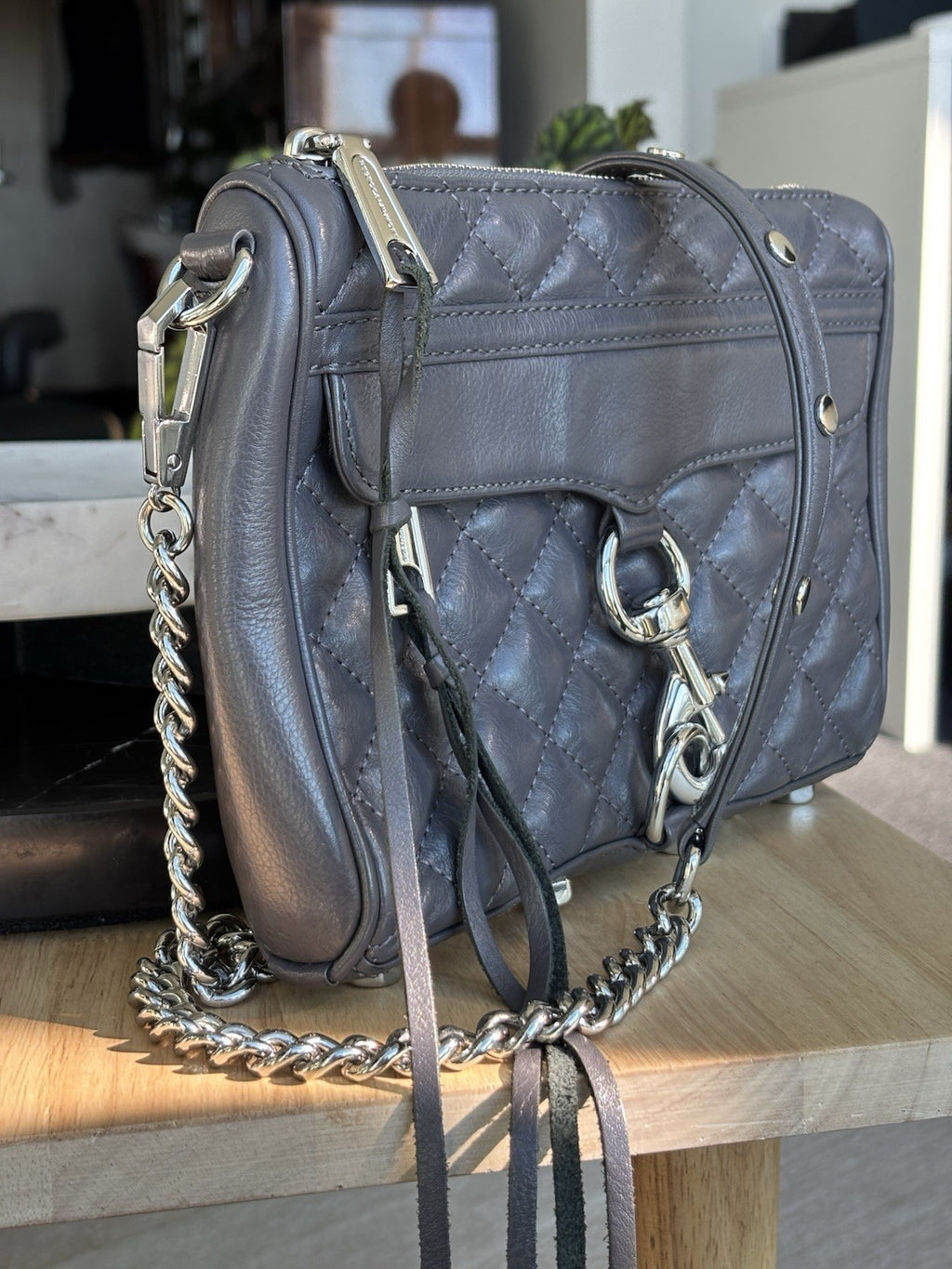 REBECCA MINKOFF Mini MAC Gray Quilted Leather Zip Crossbody Bag Chain (org $430)