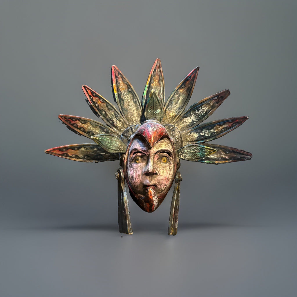VINTAGE Mexican Hand Carved Wood Wall Mask Bird Headdress Folk Art Large 29inch
