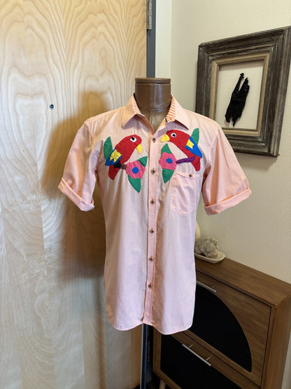 Vintage CARVEN Rare 1991 Designer Embroidered Tropical Parrots Button-Up Size M
