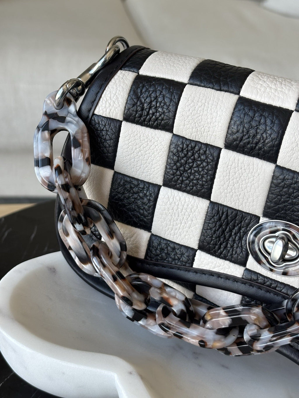 COACH Coachtopia Wavy Dinky Crossbody Bag Black/white Checkerboard Check Leather