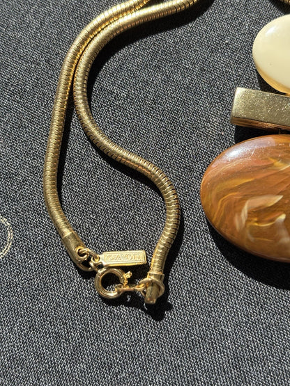 Vintage Retro AVON 1976 Polished Oval Lucite Cream Brown Swirl Pendant Necklace