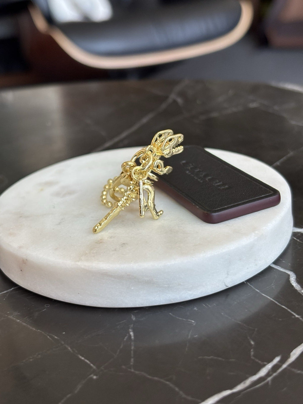 COACH New York Designer REXY Hang Tag Dino Bag Charm Fob Chain Gold/Black/Maroon