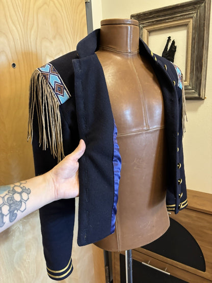 Double D Ranch VINTAGE Wool Jacket Military Beaded NavyBlue Varsity Stripe Small