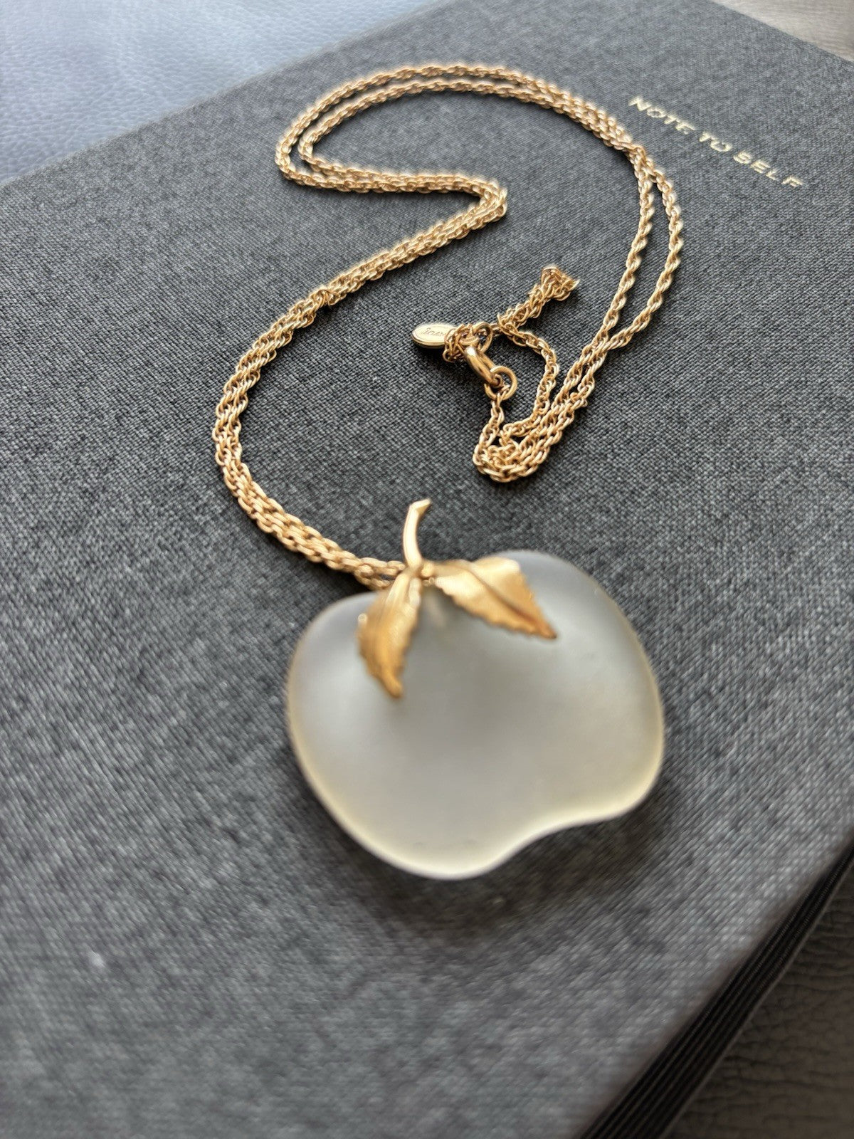 Vintage AVON Apple Frosted Clear Quartz Pendant Golden Chain Necklace 28" Long