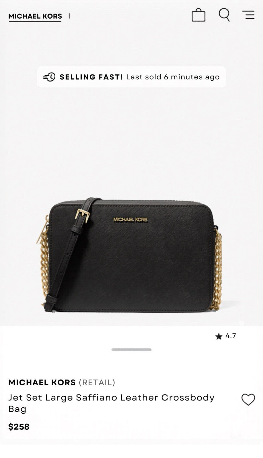 MICHALE KORS Leather Crossbody Bag Purse Zip Black/Gold Chain Strap (org $258)